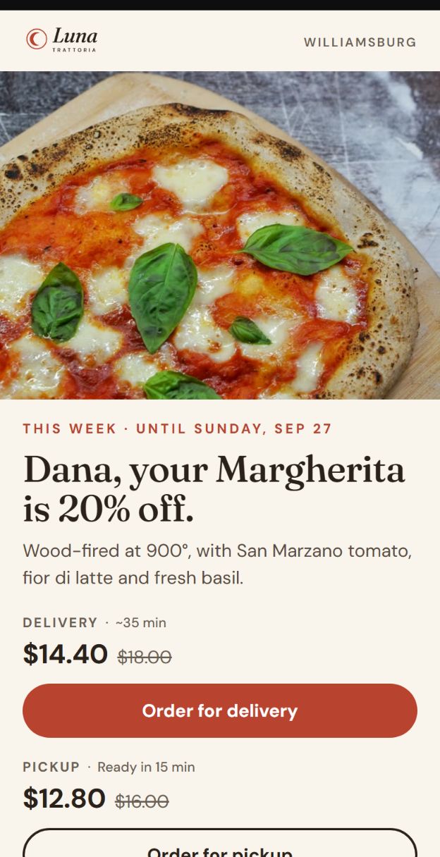 Template A, Signature Dish: one large photo of a Margherita pizza with delivery and pickup prices.