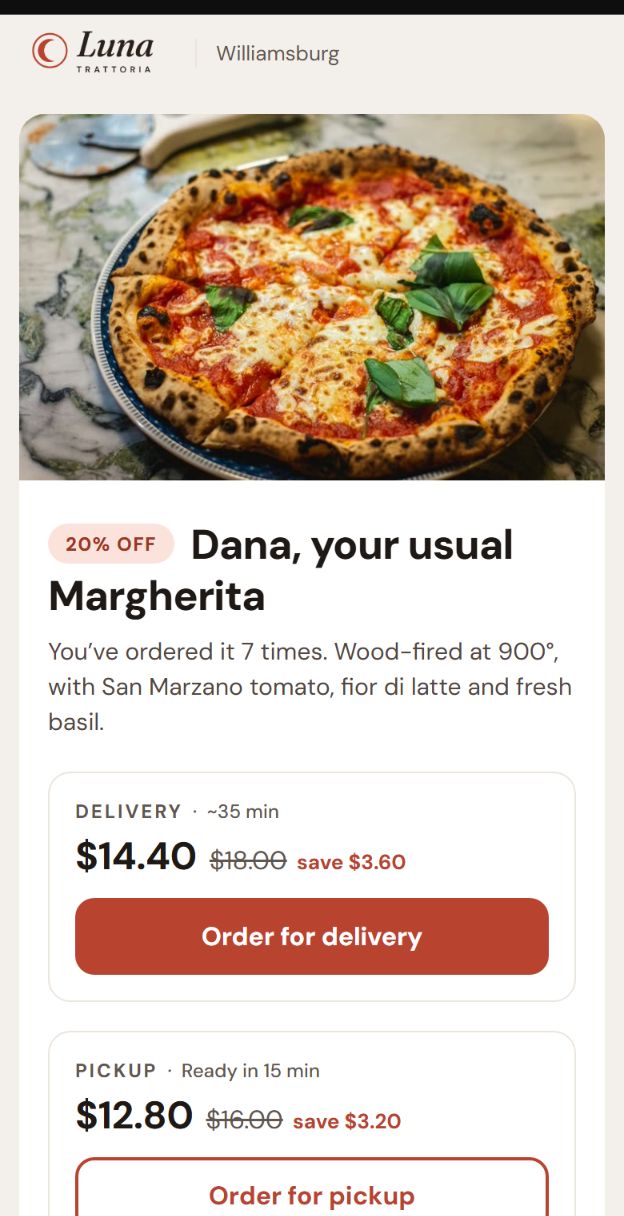 Template B, Quick Order: the customer's usual Margherita at 20% off, with delivery and pickup cards and order buttons.
