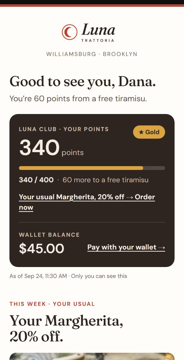 Template C, Member Card: the customer's loyalty points, Gold tier and wallet balance, followed by the offer.