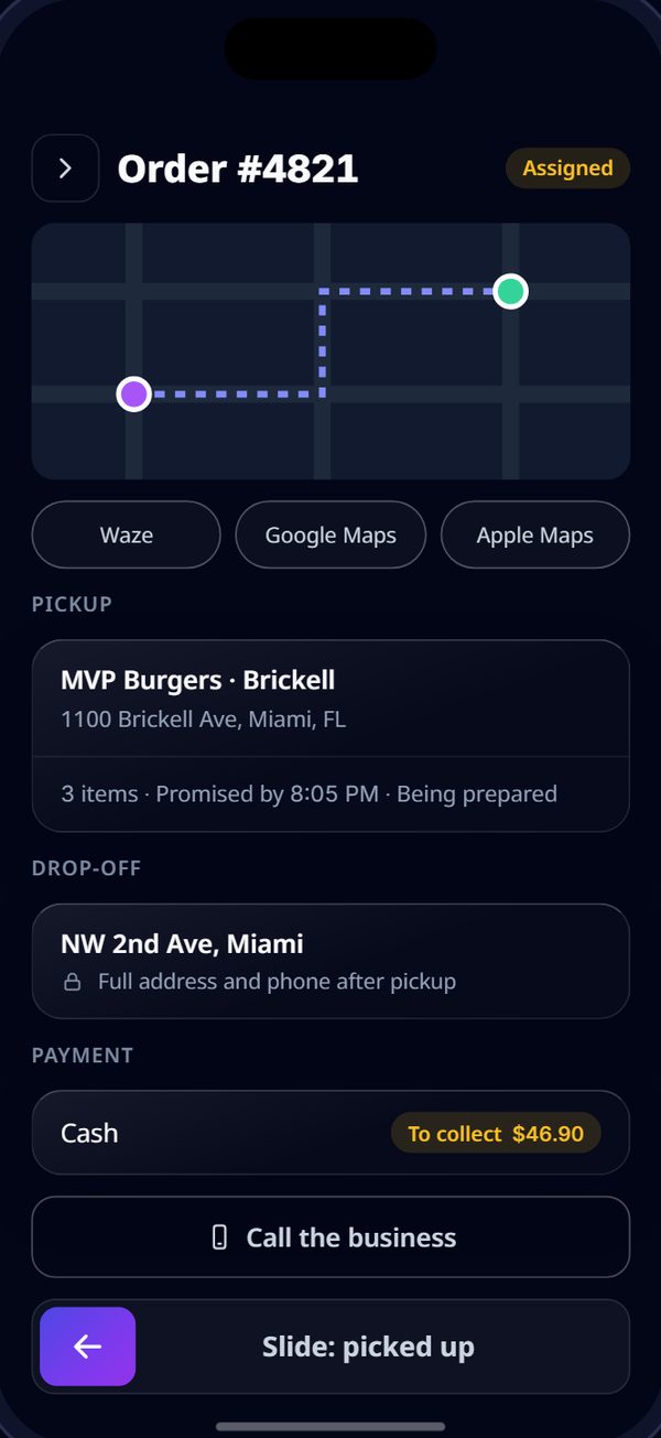 A delivery in the app: a map with the route, Waze, Google Maps and Apple Maps buttons, the pickup, the drop-off, cash to collect, Call the business and Slide: picked up.